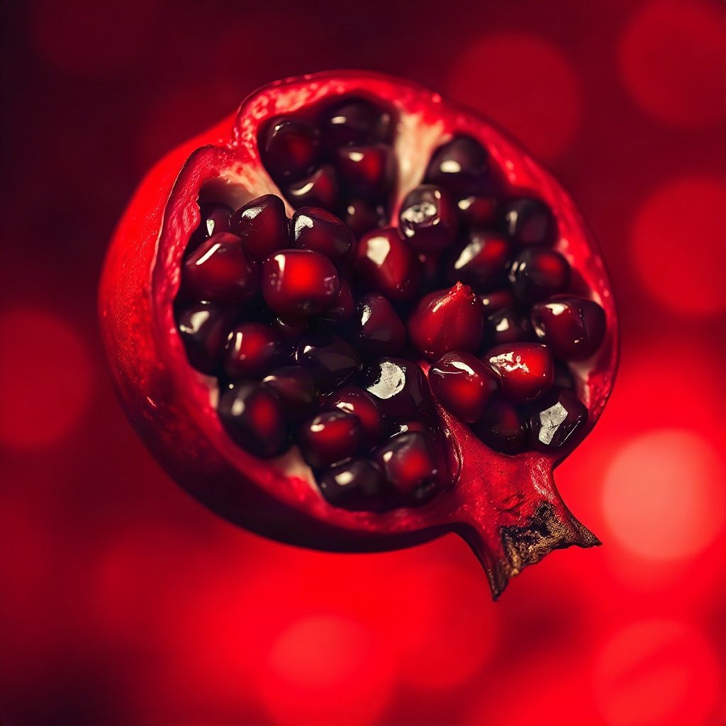 Red PFPs — pomegranate half, cinematic photo style, gentle bokeh