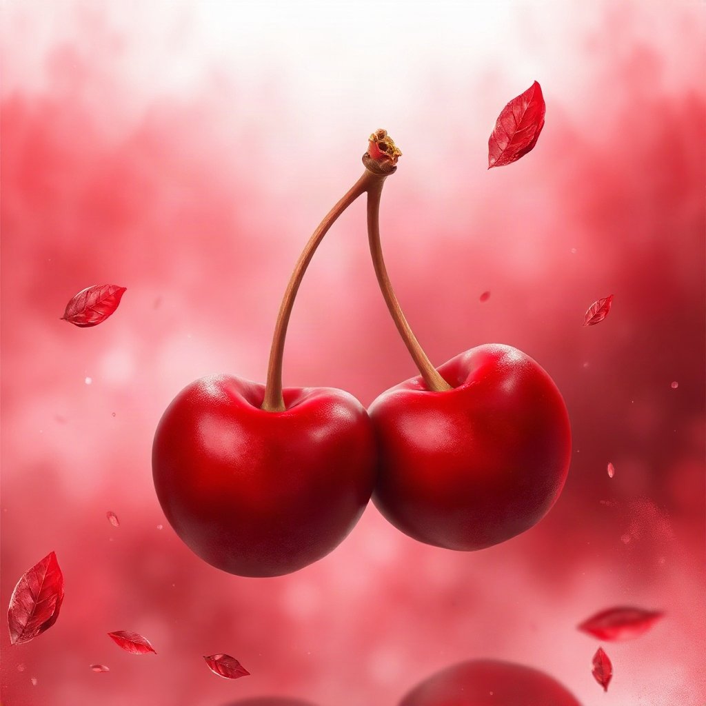 Red PFPs — cherry pair, dreamy digital painting, misty atmosphere