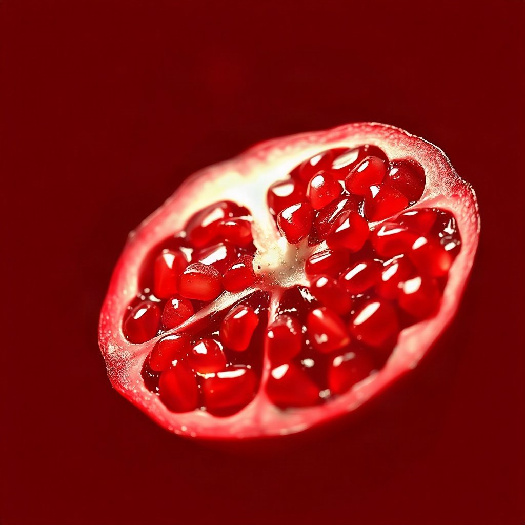 Red PFPs — pomegranate half, cinematic photo style, subtle sparkle