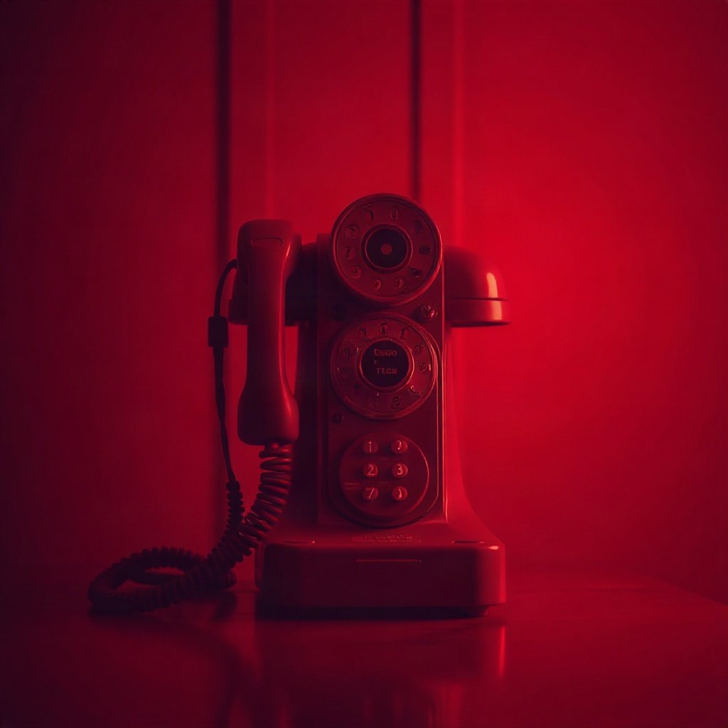 Red PFPs — vintage red phone, cinematic photo style, misty atmosphere