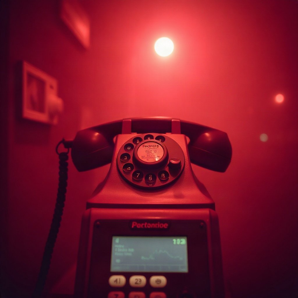Red PFPs — vintage red phone, cinematic photo style, misty atmosphere