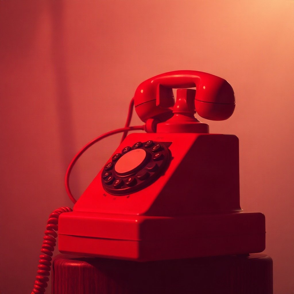 Red PFPs — vintage red phone, cinematic photo style, misty atmosphere