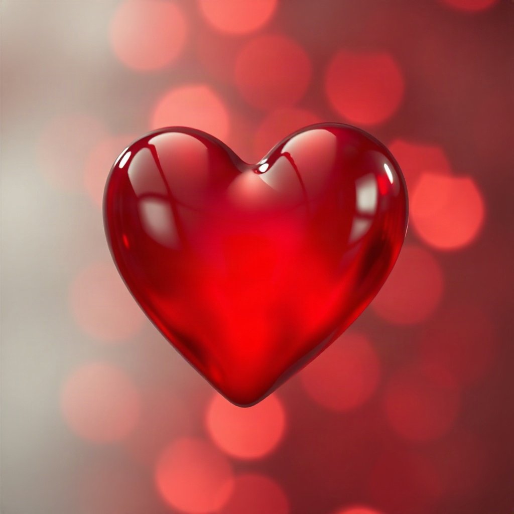 Red PFPs — glossy heart, cinematic photo style, gentle bokeh