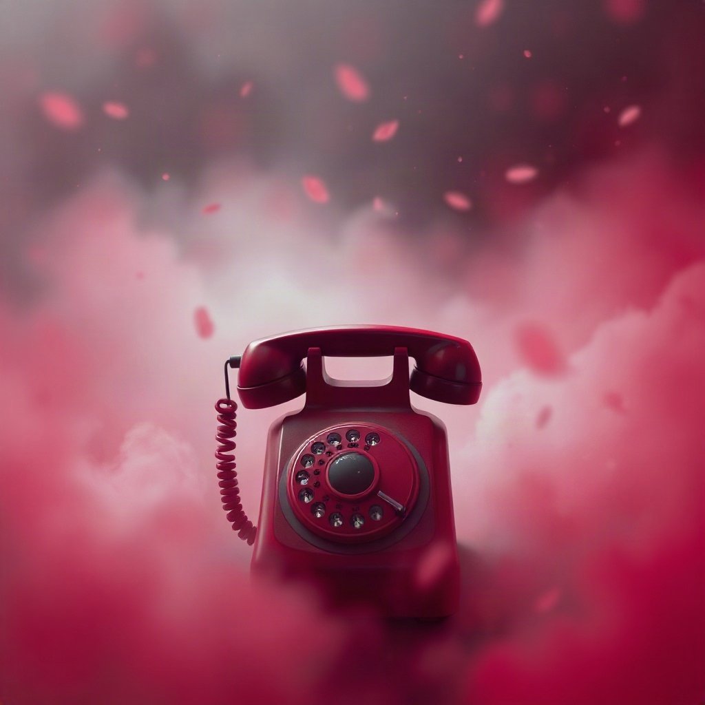 Red PFPs — vintage red phone, dreamy digital painting, misty atmosphere