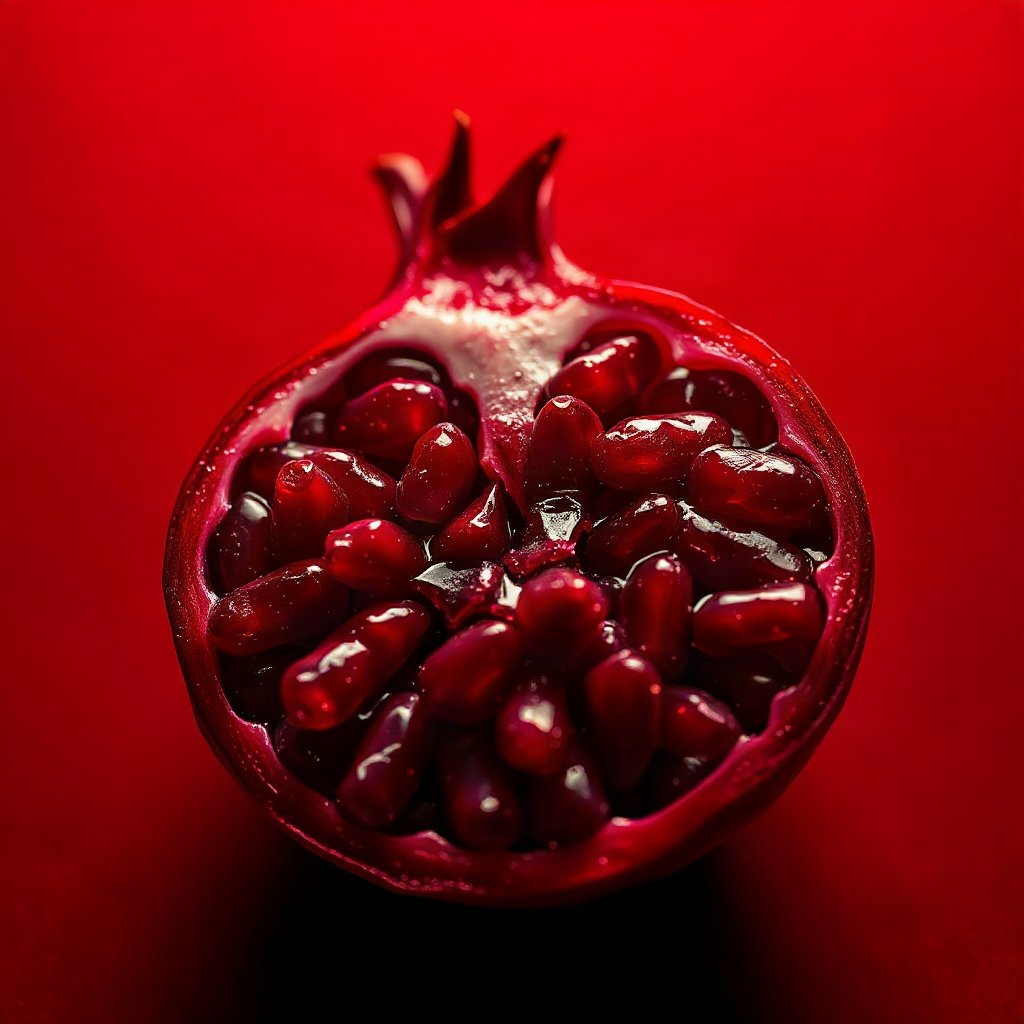 Red PFPs — pomegranate half, cinematic photo style, subtle sparkle