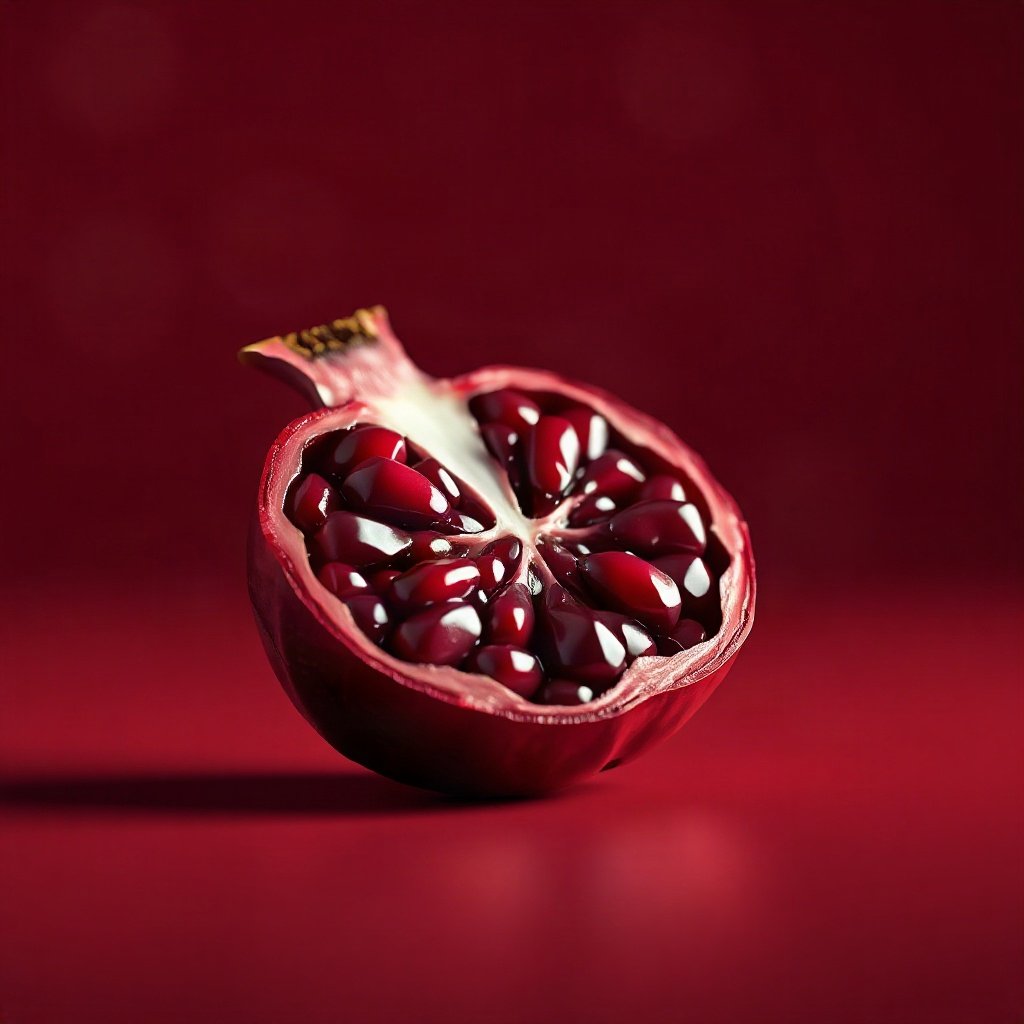 Red PFPs — pomegranate half, soft 3d render, gentle bokeh