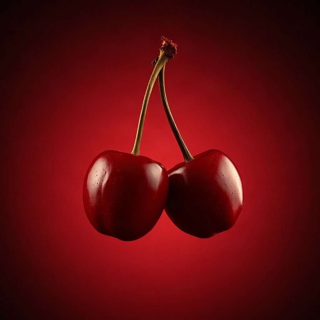 Red PFPs — cherry pair, cinematic photo style, subtle sparkle