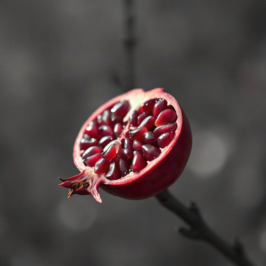 Red PFPs — pomegranate half, cinematic photo style, gentle bokeh