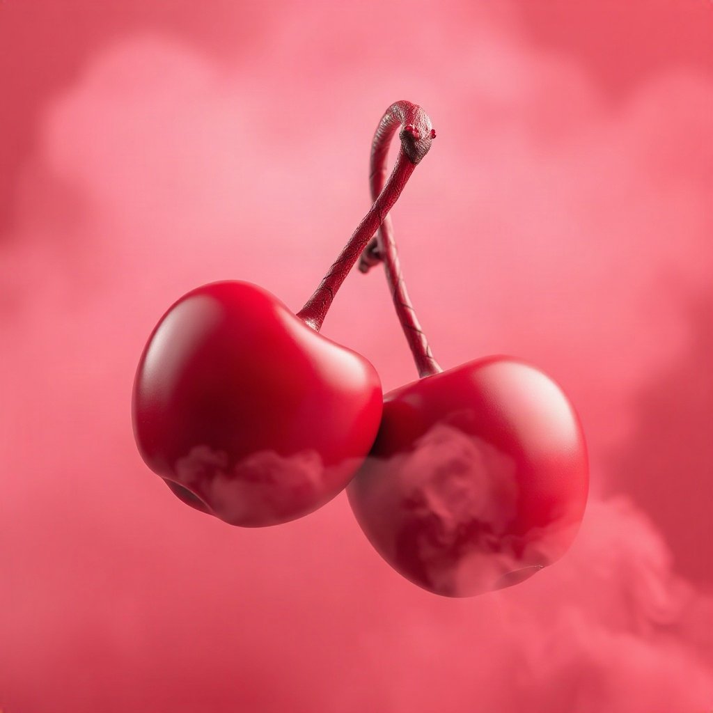 Red PFPs — cherry pair, soft 3d render, misty atmosphere