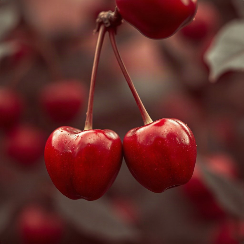 Red PFPs — cherry pair, cinematic photo style, gentle bokeh