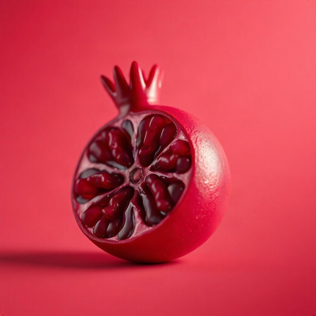 Red PFPs — pomegranate half, soft 3d render, gentle bokeh