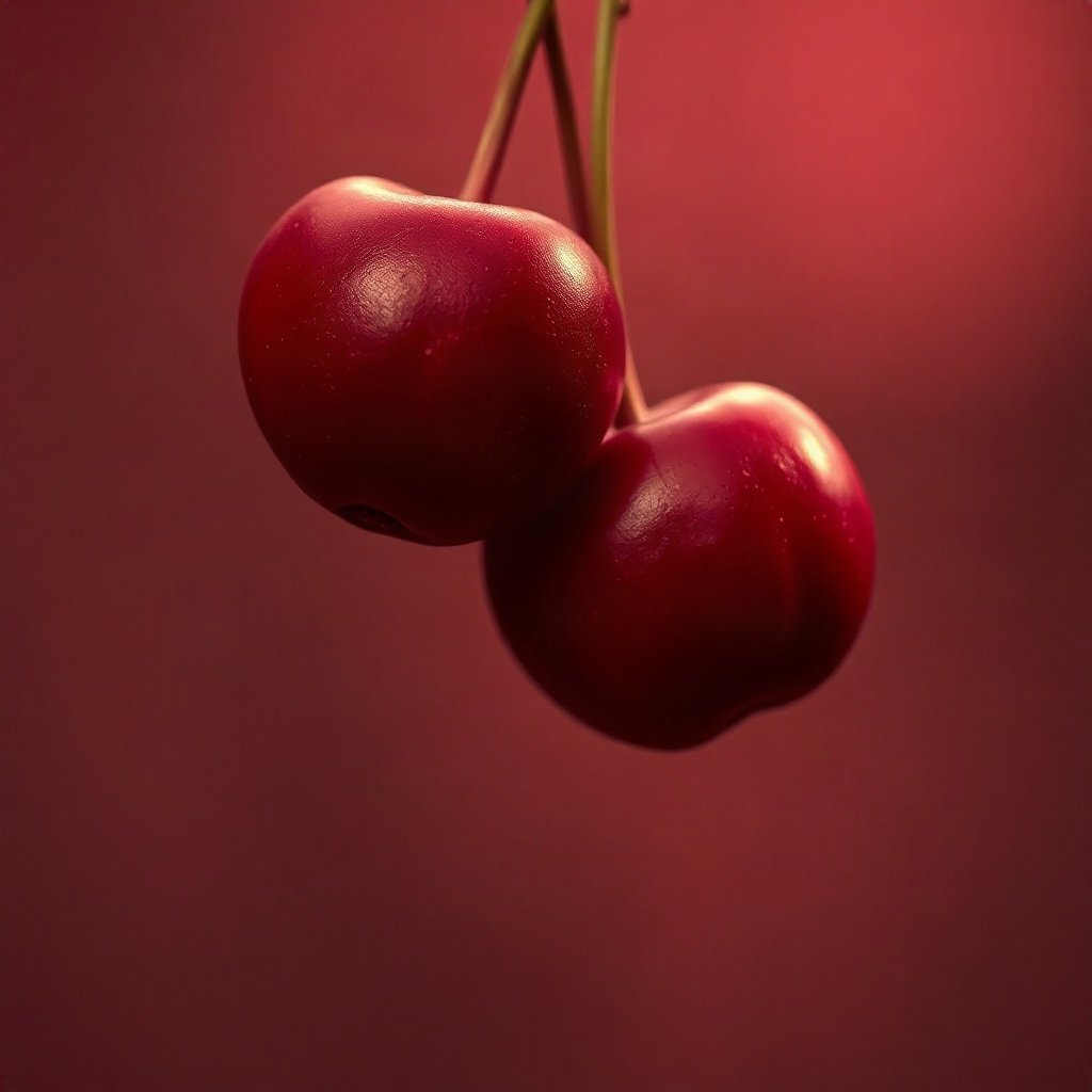 Red PFPs — cherry pair, cinematic photo style, misty atmosphere