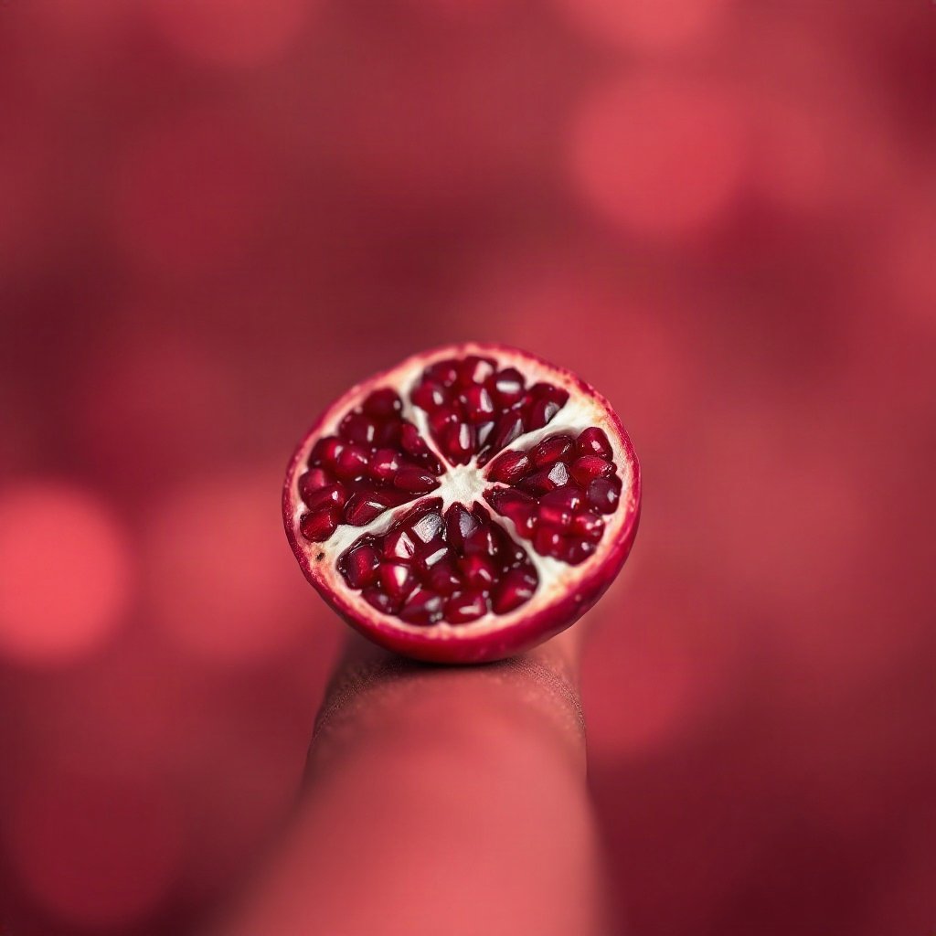 Red PFPs — pomegranate half, cinematic photo style, gentle bokeh