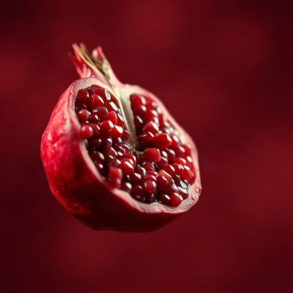 Red PFPs — pomegranate half, soft 3d render, gentle bokeh
