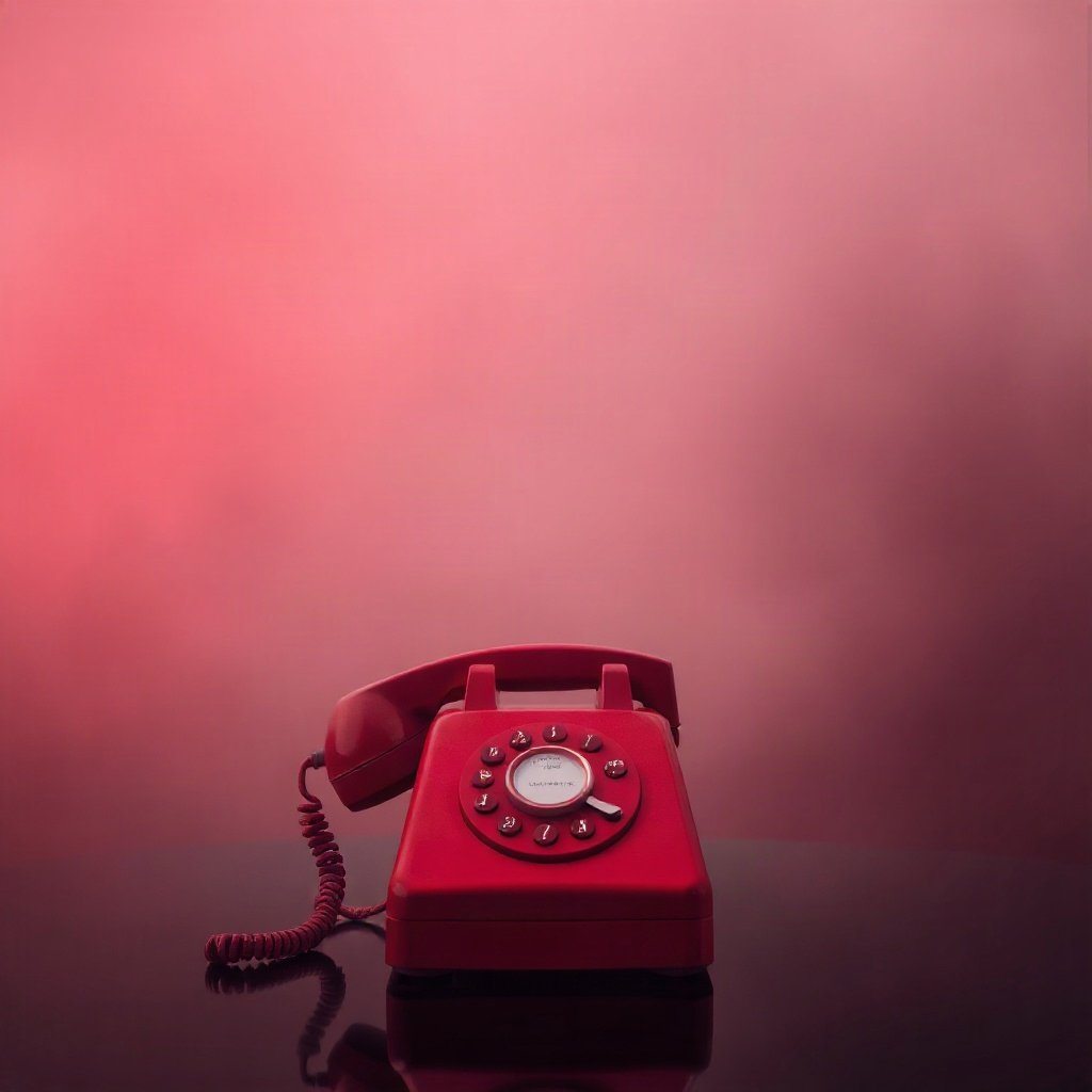 Red PFPs — vintage red phone, dreamy digital painting, misty atmosphere