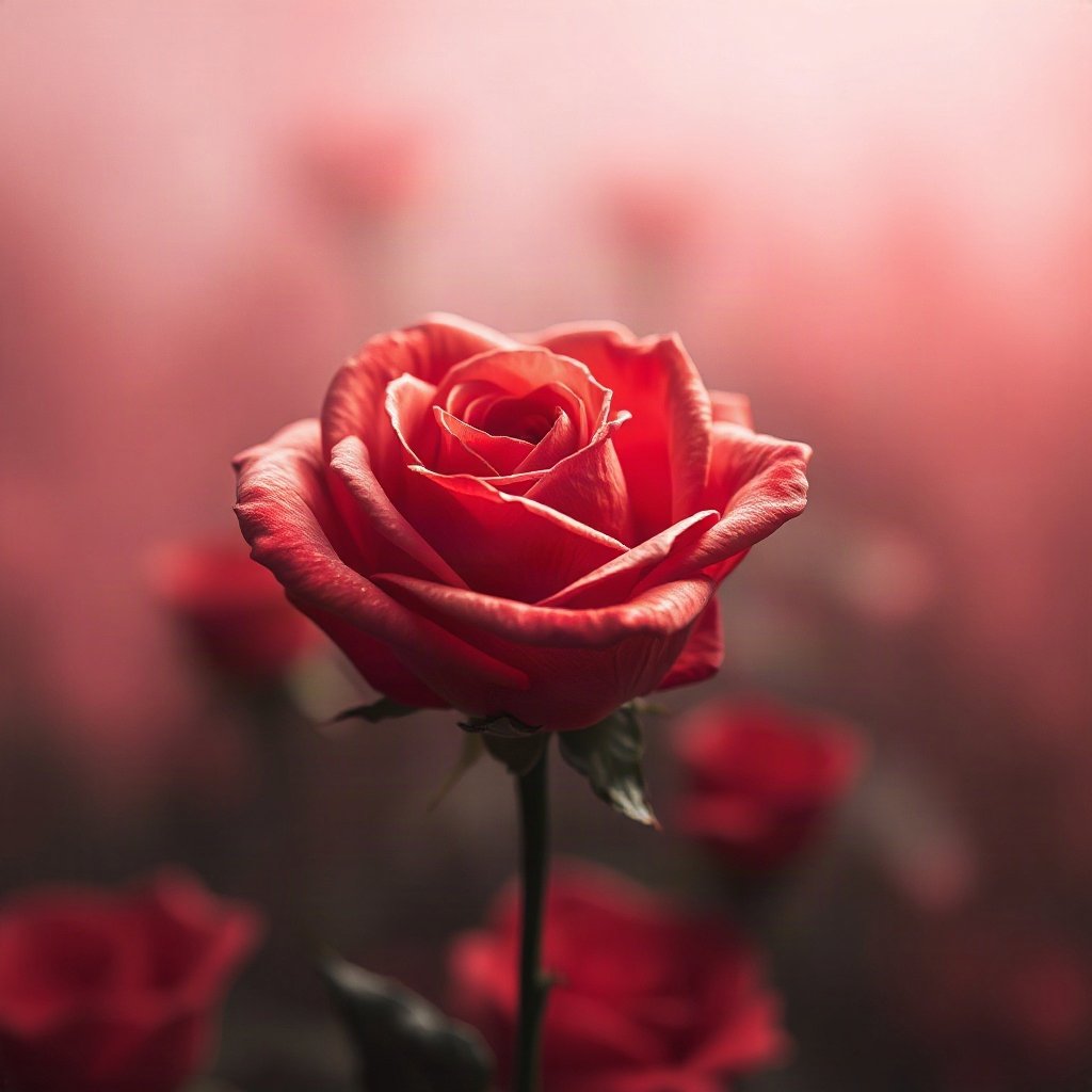 Red PFPs — rose macro, soft 3d render, misty atmosphere