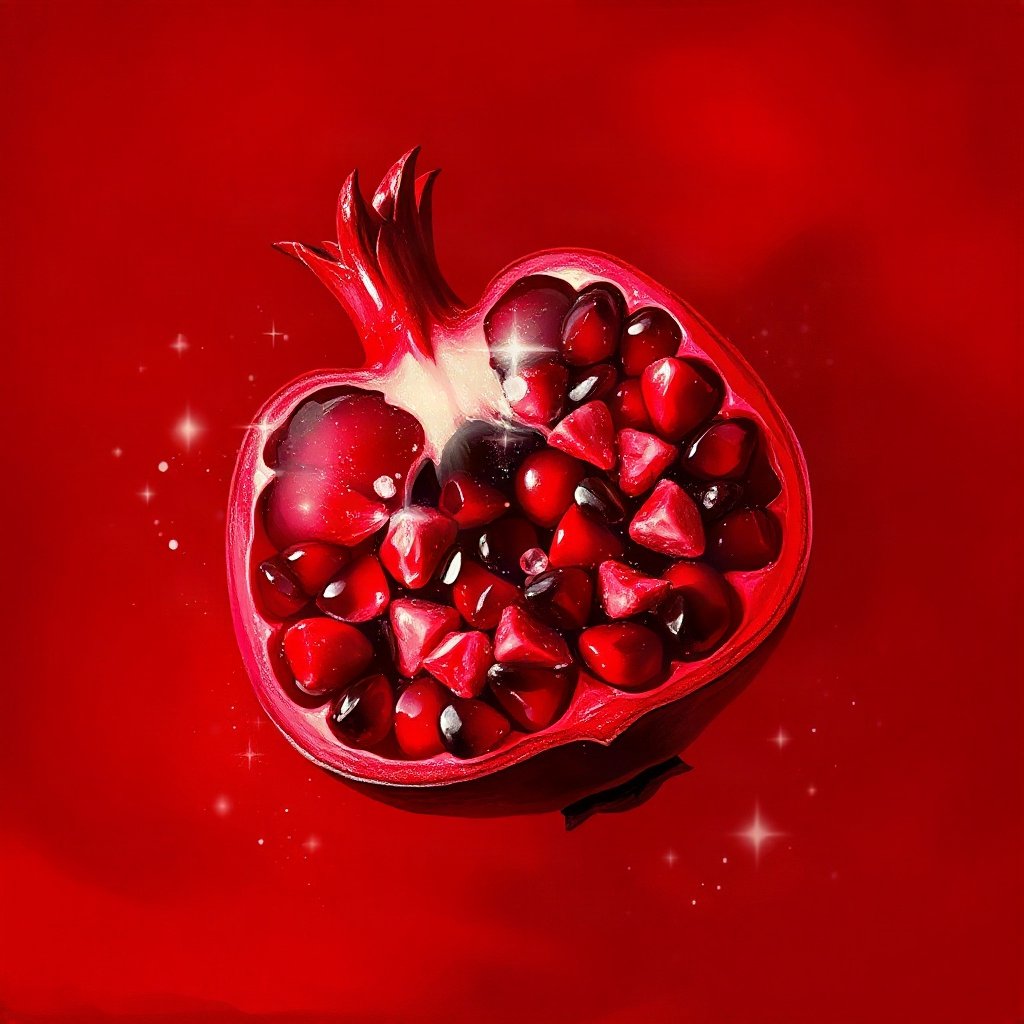 Red PFPs — pomegranate half, dreamy digital painting, subtle sparkle