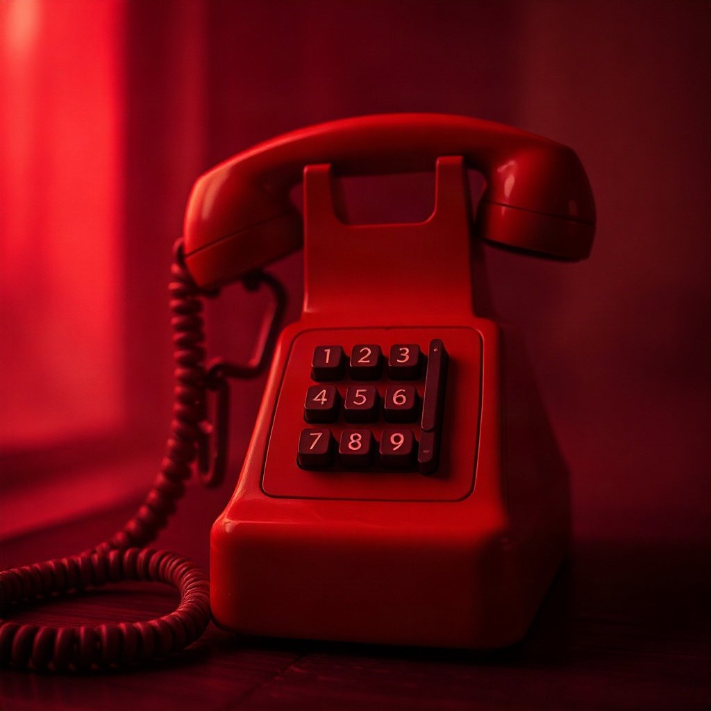 Red PFPs — vintage red phone, cinematic photo style, misty atmosphere