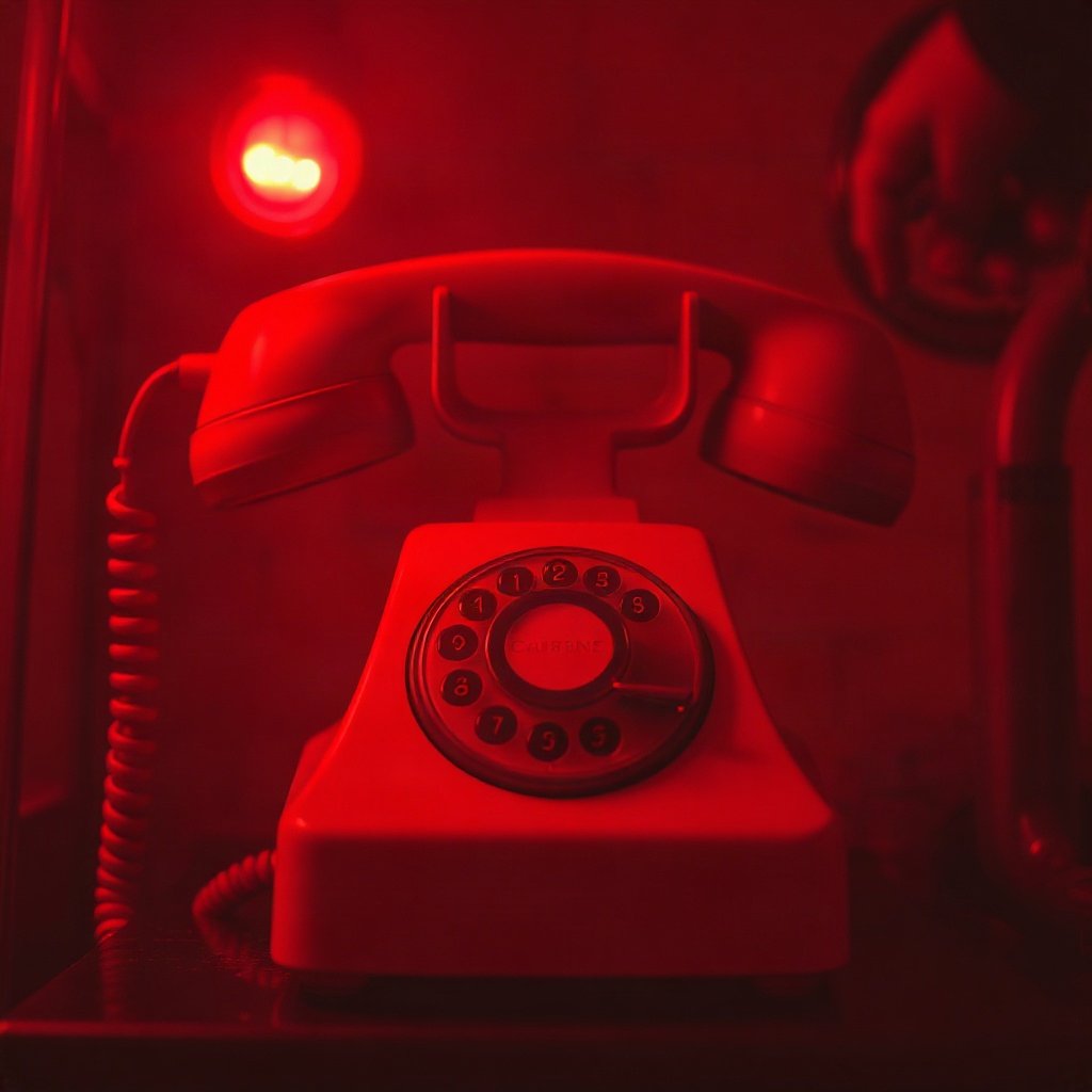 Red PFPs — vintage red phone, cinematic photo style, misty atmosphere