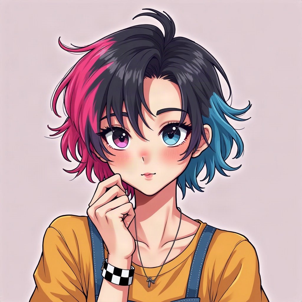 scene pfp — teased hair with pink and blue chunks, checkered wristband visible, photo-booth strip style