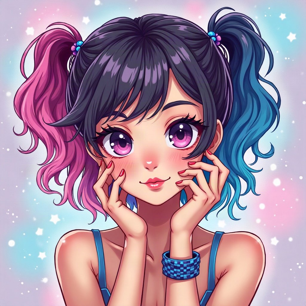 scene pfp — teased hair with pink and blue chunks, checkered wristband visible, myspace-style sparkle background