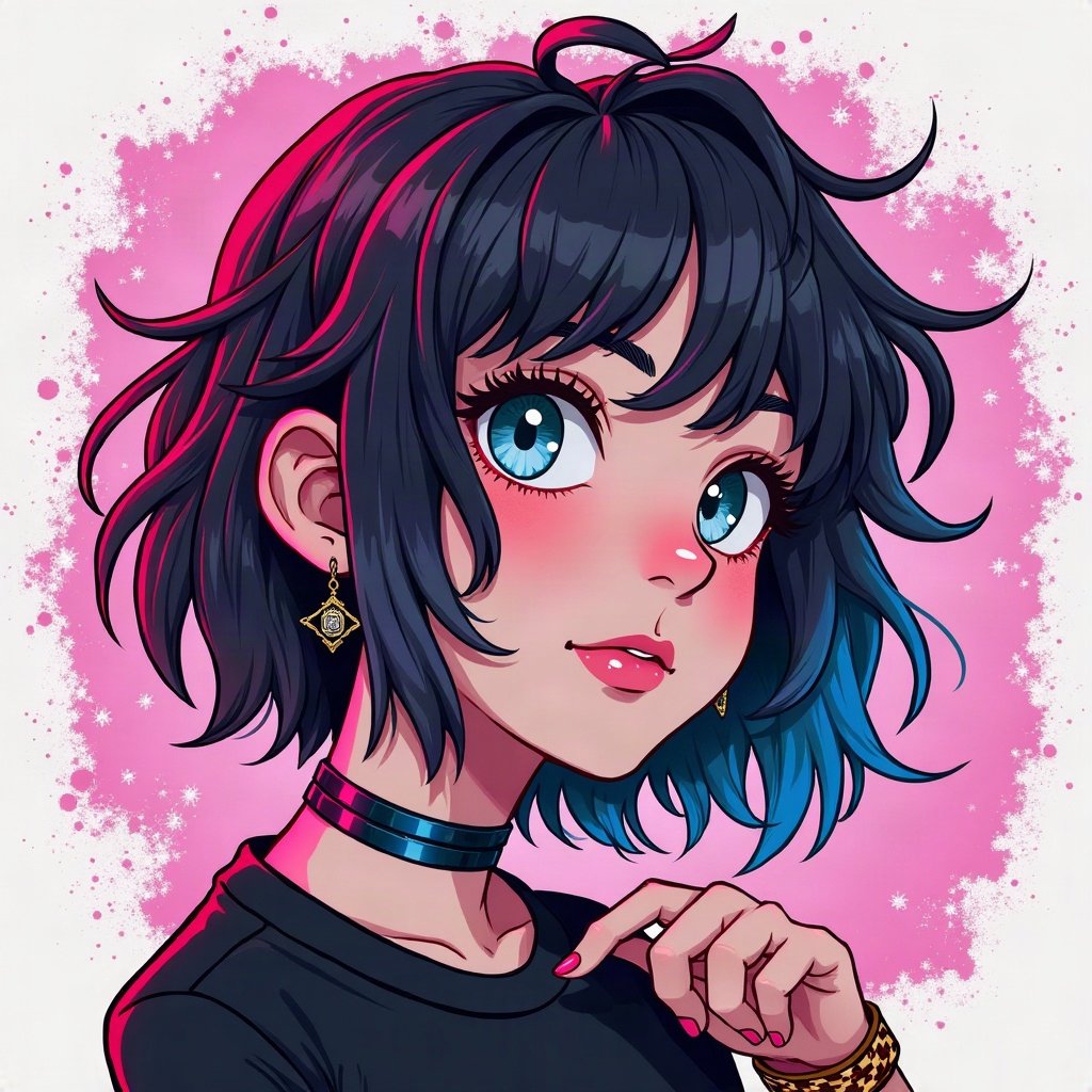scene pfp — teased hair with pink and blue chunks, checkered wristband visible, neon splatter background