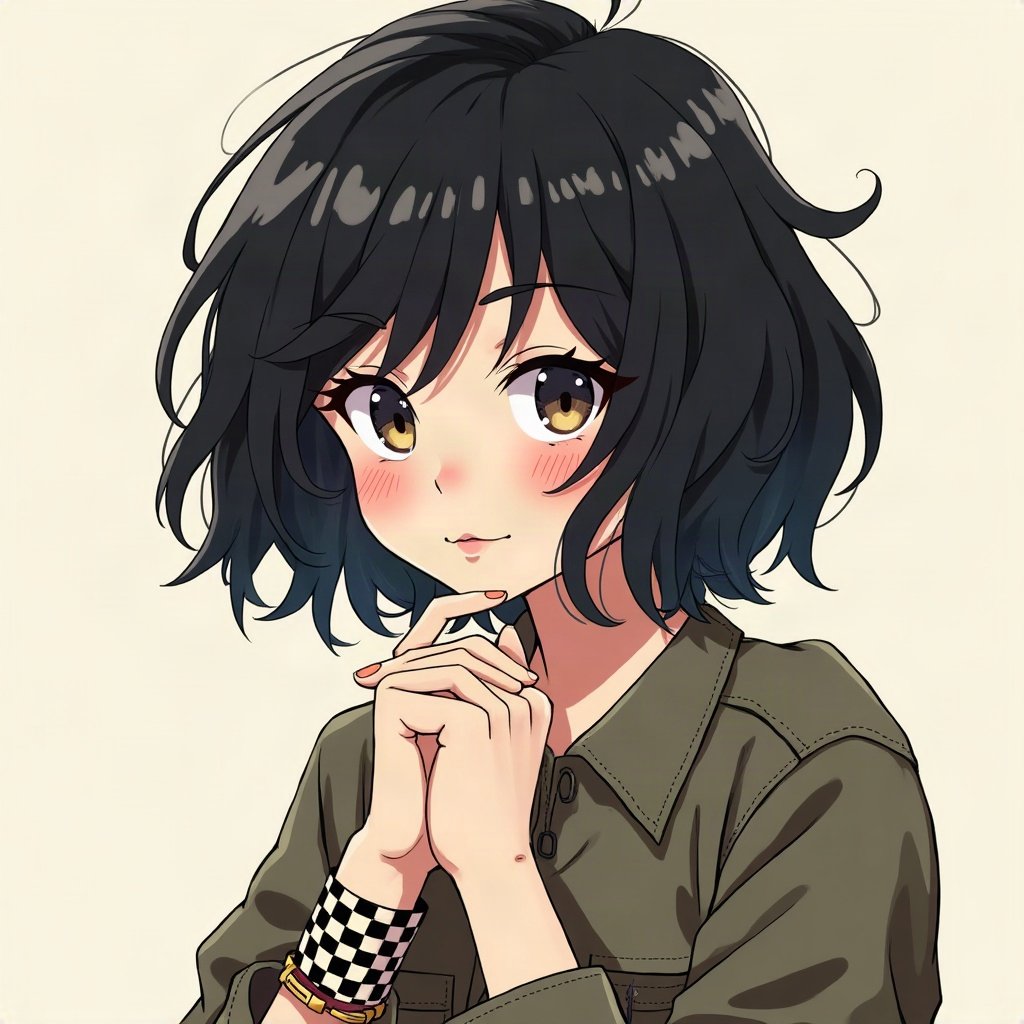 scene pfp — black hair with leopard print section, checkered wristband visible, checkerboard pattern