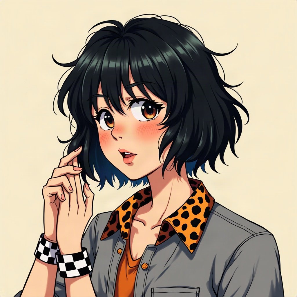 scene pfp — black hair with leopard print section, checkered wristband visible, checkerboard pattern