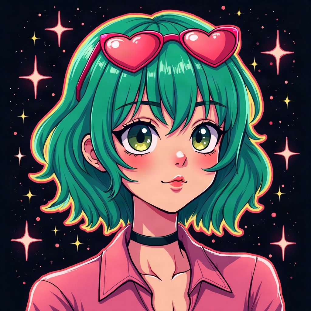 scene pfp — side-swept neon green fringe, heart-shaped glasses on head, myspace-style sparkle background
