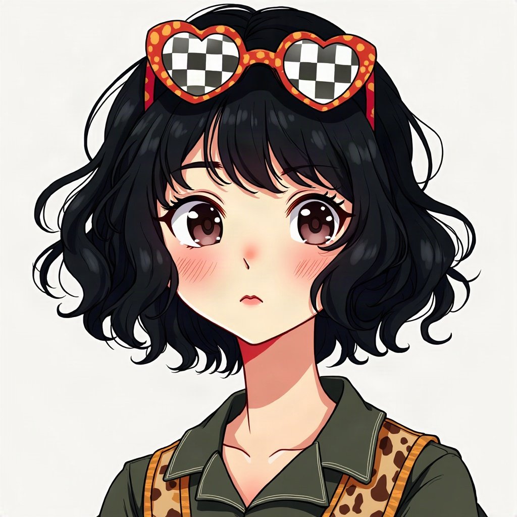 scene pfp — black hair with leopard print section, heart-shaped glasses on head, checkerboard pattern