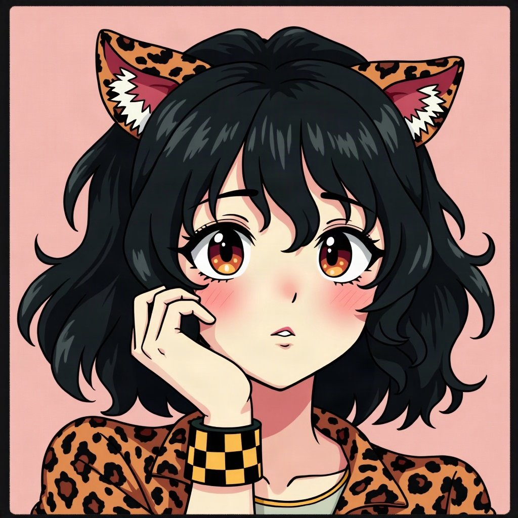 scene pfp — black hair with leopard print section, checkered wristband visible, photo-booth strip style