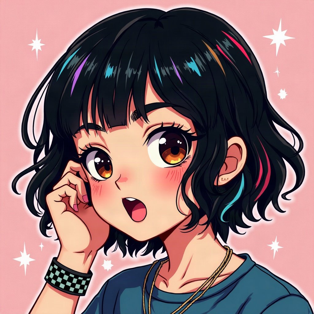 scene pfp — choppy black hair with rainbow streaks, checkered wristband visible, myspace-style sparkle background