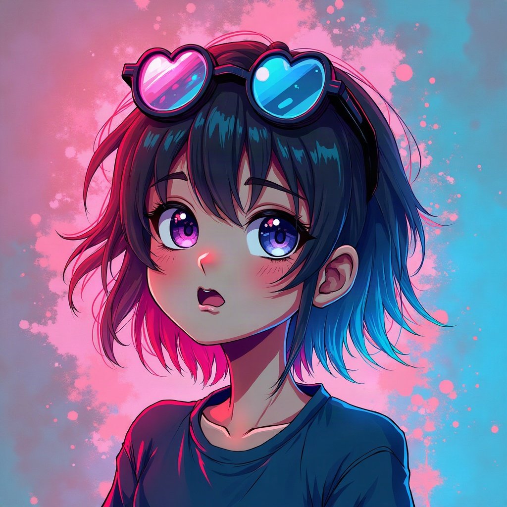 scene pfp — teased hair with pink and blue chunks, heart-shaped glasses on head, neon splatter background