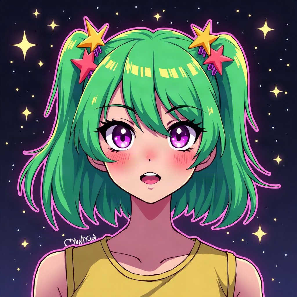 scene pfp — side-swept neon green fringe, star hair clips, myspace-style sparkle background