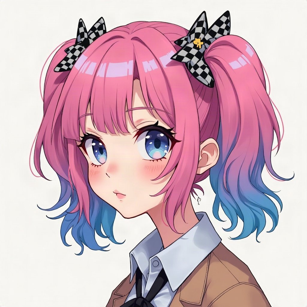 scene pfp — teased hair with pink and blue chunks, star hair clips, checkerboard pattern