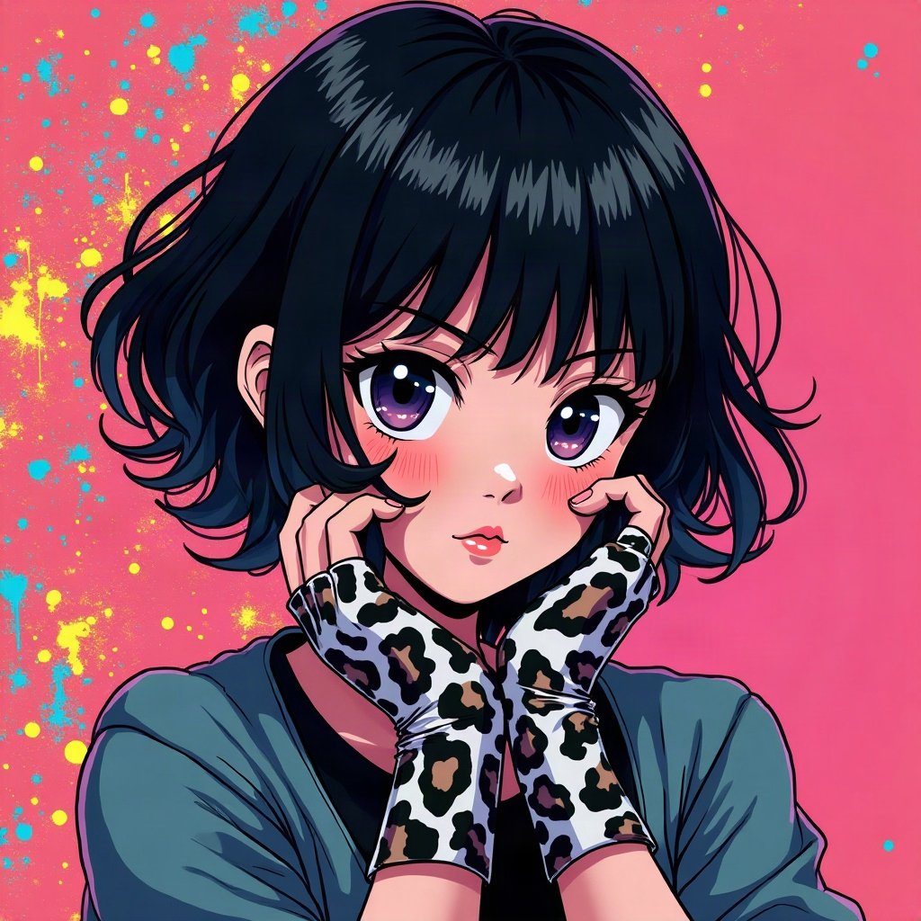 scene pfp — black hair with leopard print section, striped fingerless gloves, neon splatter background
