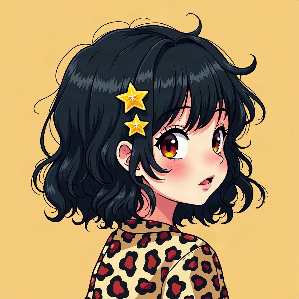scene pfp — black hair with leopard print section, star hair clips, photo-booth strip style