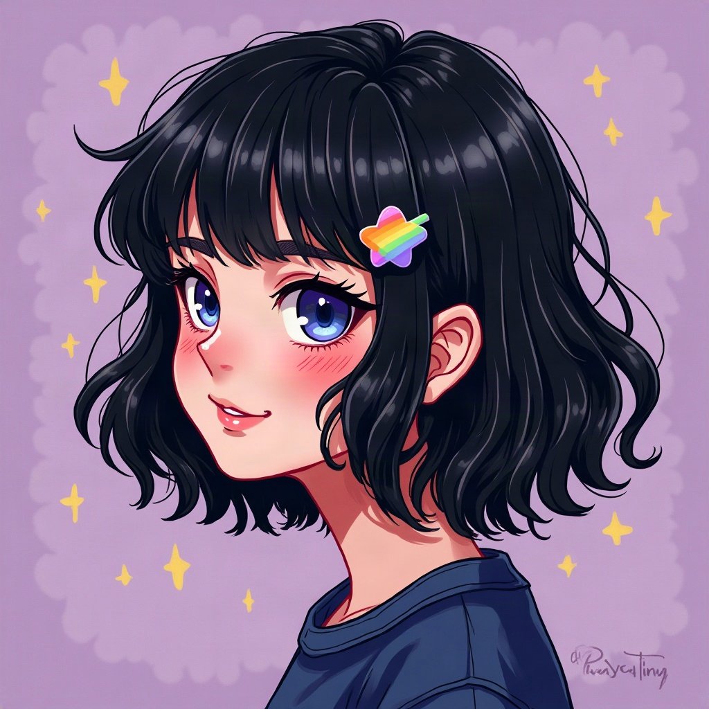 scene pfp — choppy black hair with rainbow streaks, star hair clips, myspace-style sparkle background