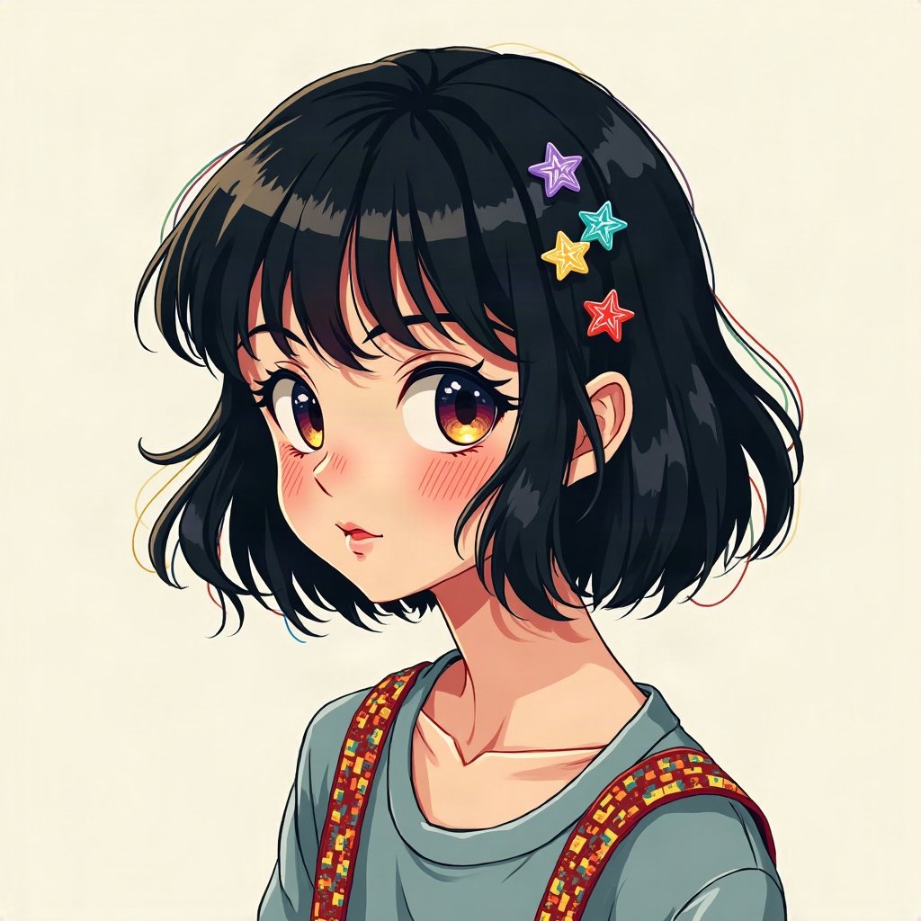 scene pfp — choppy black hair with rainbow streaks, star hair clips, checkerboard pattern