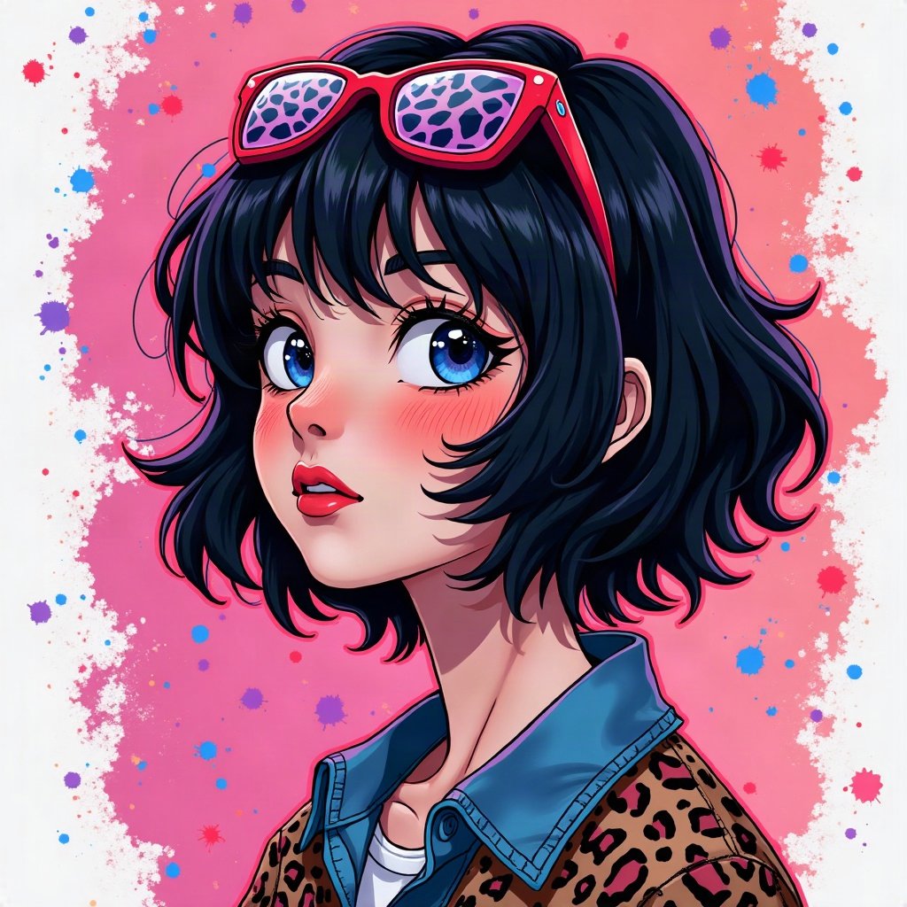scene pfp — black hair with leopard print section, heart-shaped glasses on head, neon splatter background