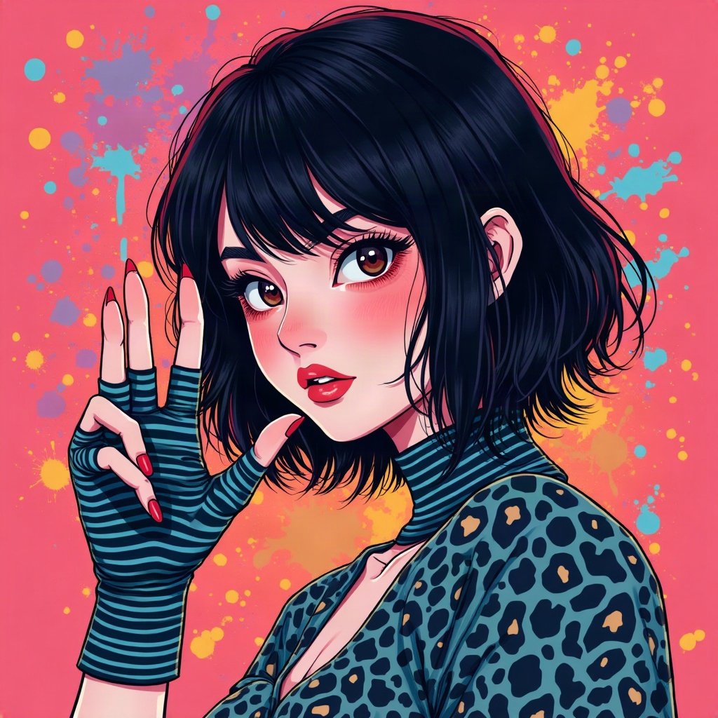 scene pfp — black hair with leopard print section, striped fingerless gloves, neon splatter background