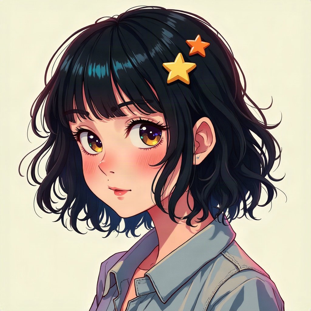 scene pfp — choppy black hair with rainbow streaks, star hair clips, photo-booth strip style