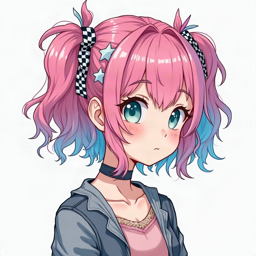 scene pfp — teased hair with pink and blue chunks, star hair clips, checkerboard pattern
