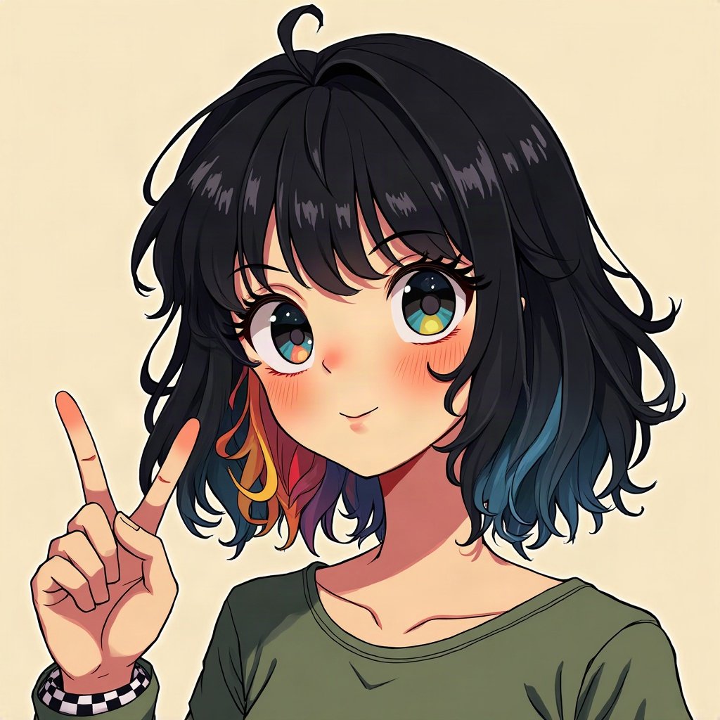 scene pfp — choppy black hair with rainbow streaks, checkered wristband visible, photo-booth strip style