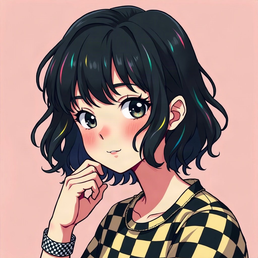 scene pfp — choppy black hair with rainbow streaks, checkered wristband visible, checkerboard pattern