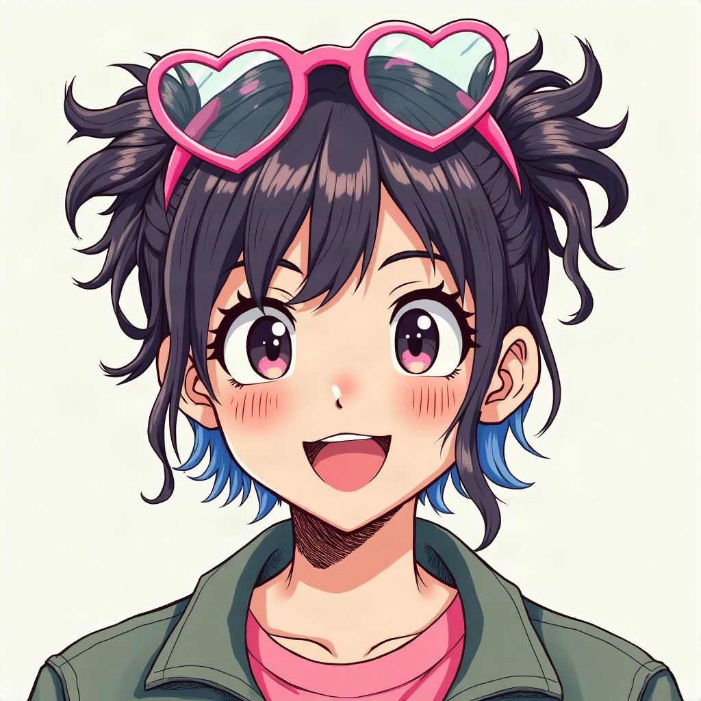 scene pfp — teased hair with pink and blue chunks, heart-shaped glasses on head, photo-booth strip style