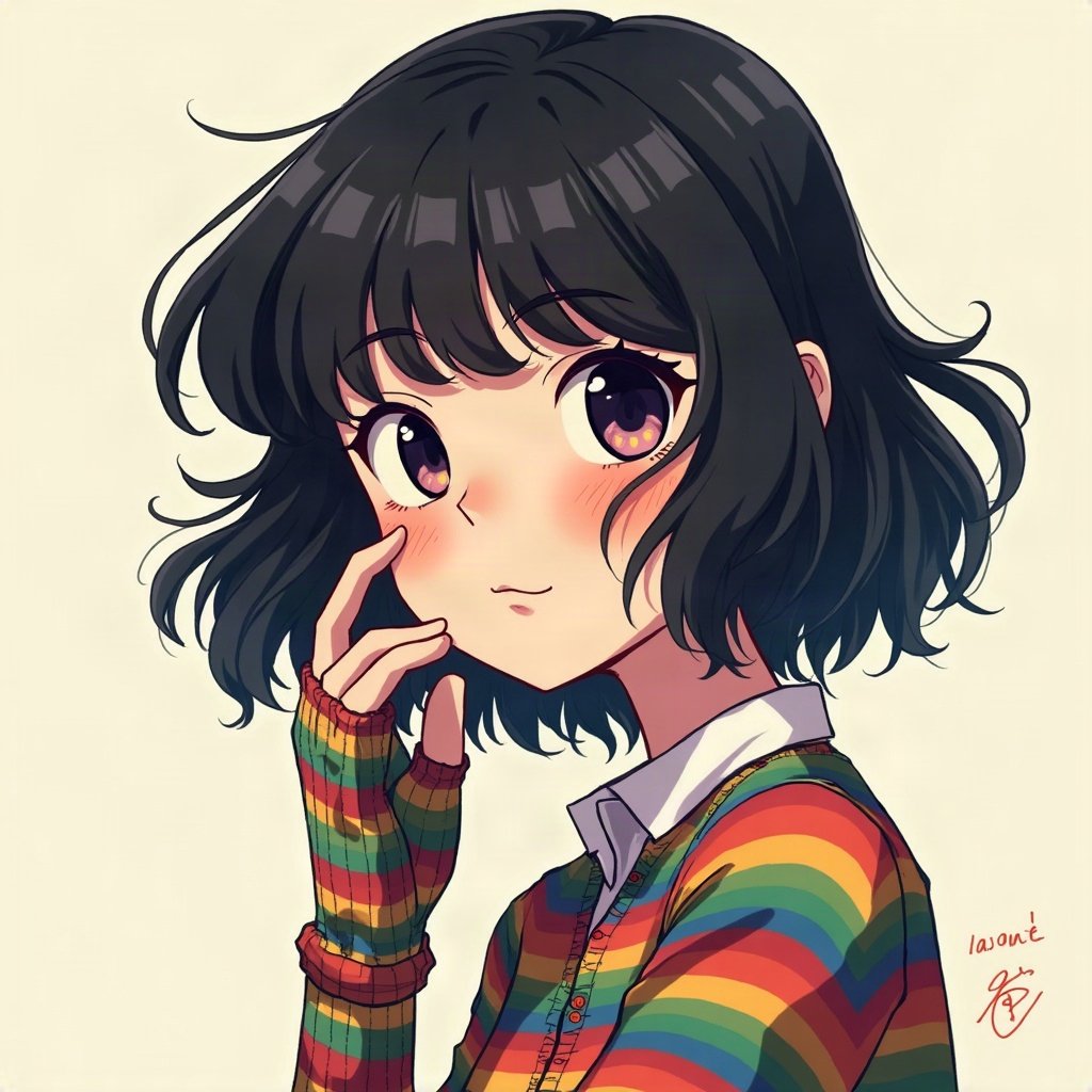 scene pfp — choppy black hair with rainbow streaks, striped fingerless gloves, checkerboard pattern