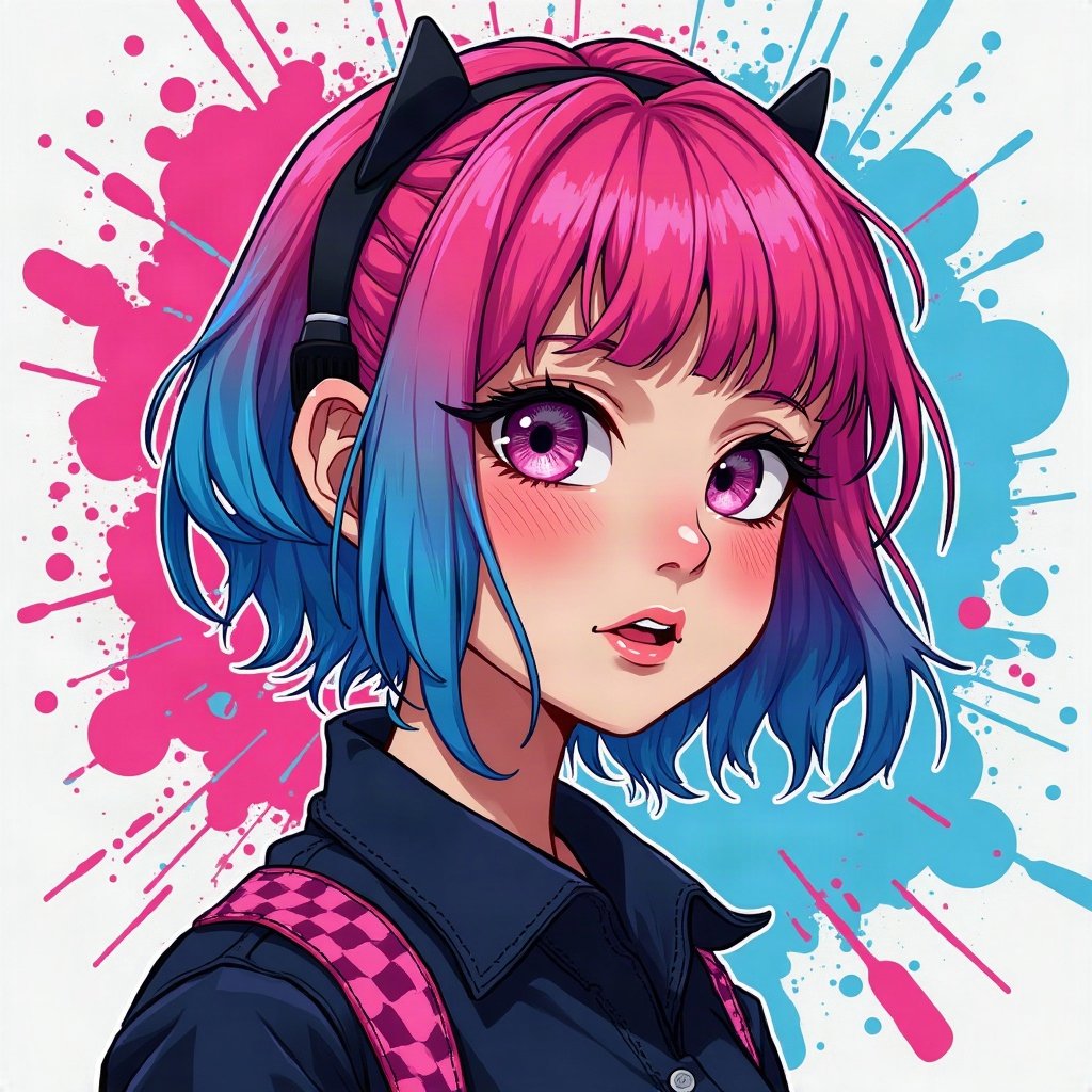 scene pfp — teased hair with pink and blue chunks, checkered wristband visible, neon splatter background