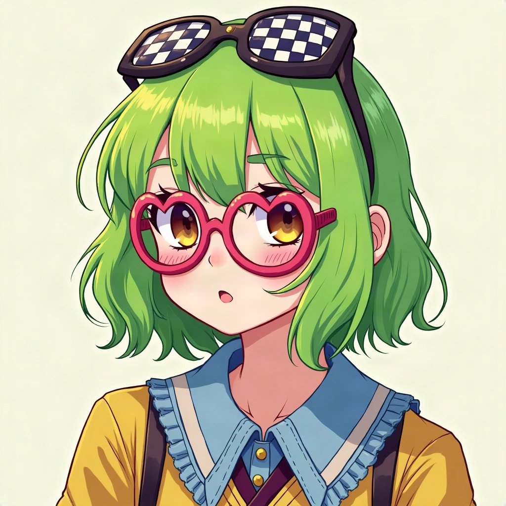 scene pfp — side-swept neon green fringe, heart-shaped glasses on head, checkerboard pattern