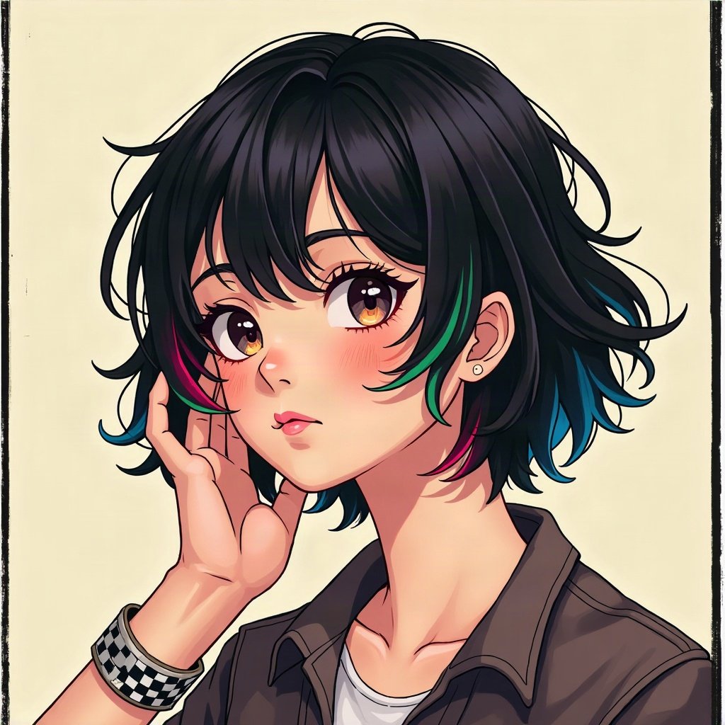 scene pfp — choppy black hair with rainbow streaks, checkered wristband visible, photo-booth strip style